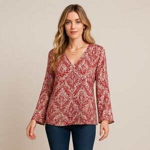 Sundance 100% Silk Red Floral Blouse Size 10 – Boho Luxe V-Neck Long Sleeve Top